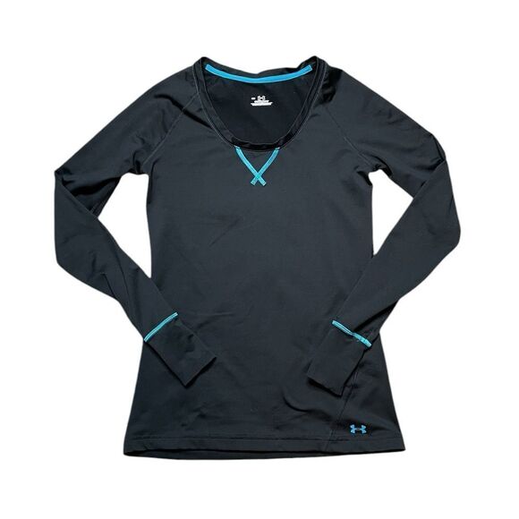 UNDER ARMOUR Coldgear Long Sleeve Base Layer Shirt Black Teal Size Small - Picture 1 of 4